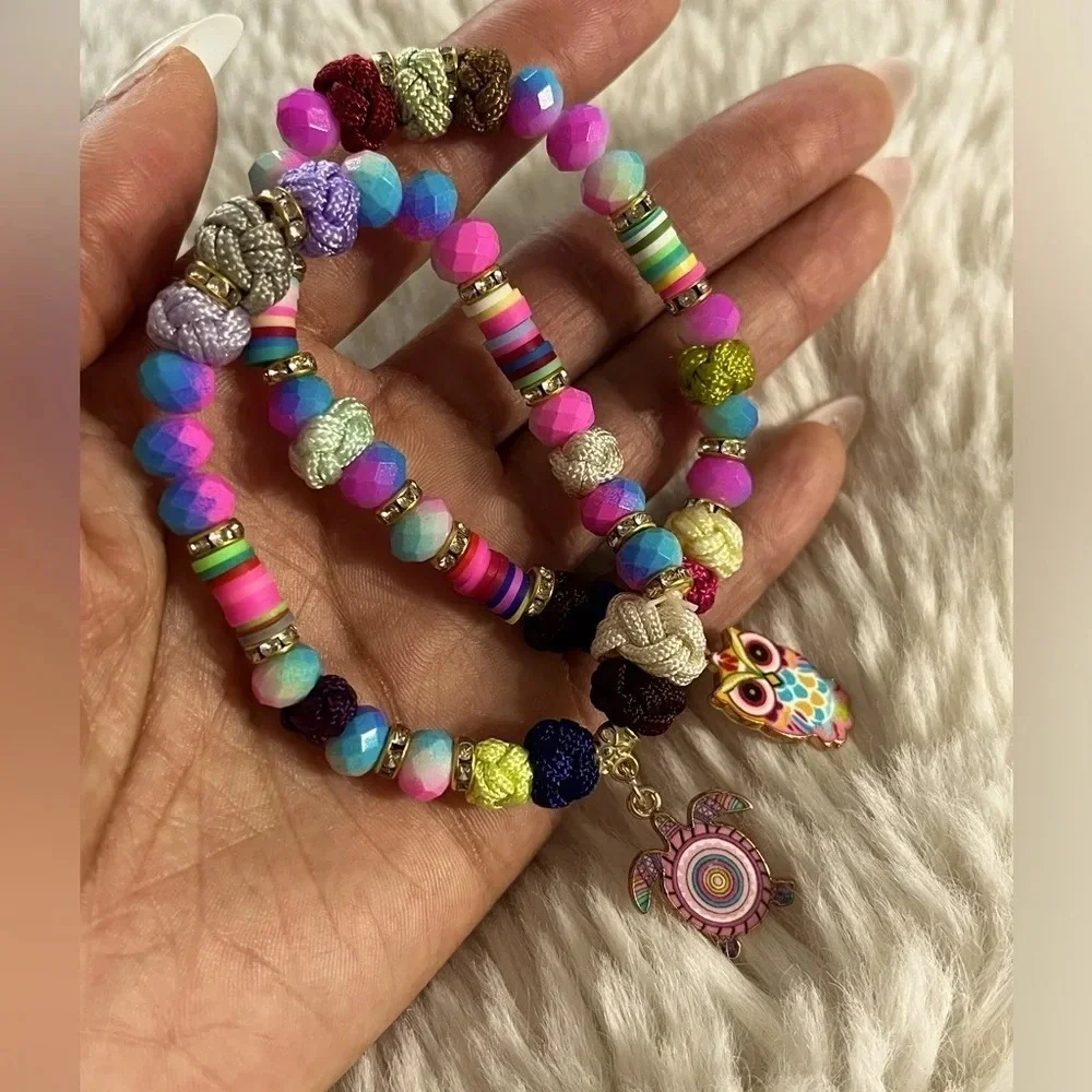 Kids Handcrafted Beaded & Braided Stretch Bracelet (2 piece set)